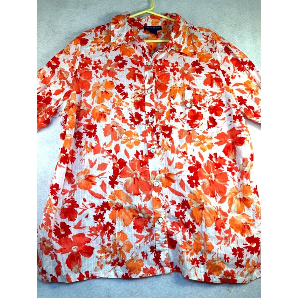 Karen Scott Woman Floral Button Front Blouse Womens 2X Orange Red Cotton
